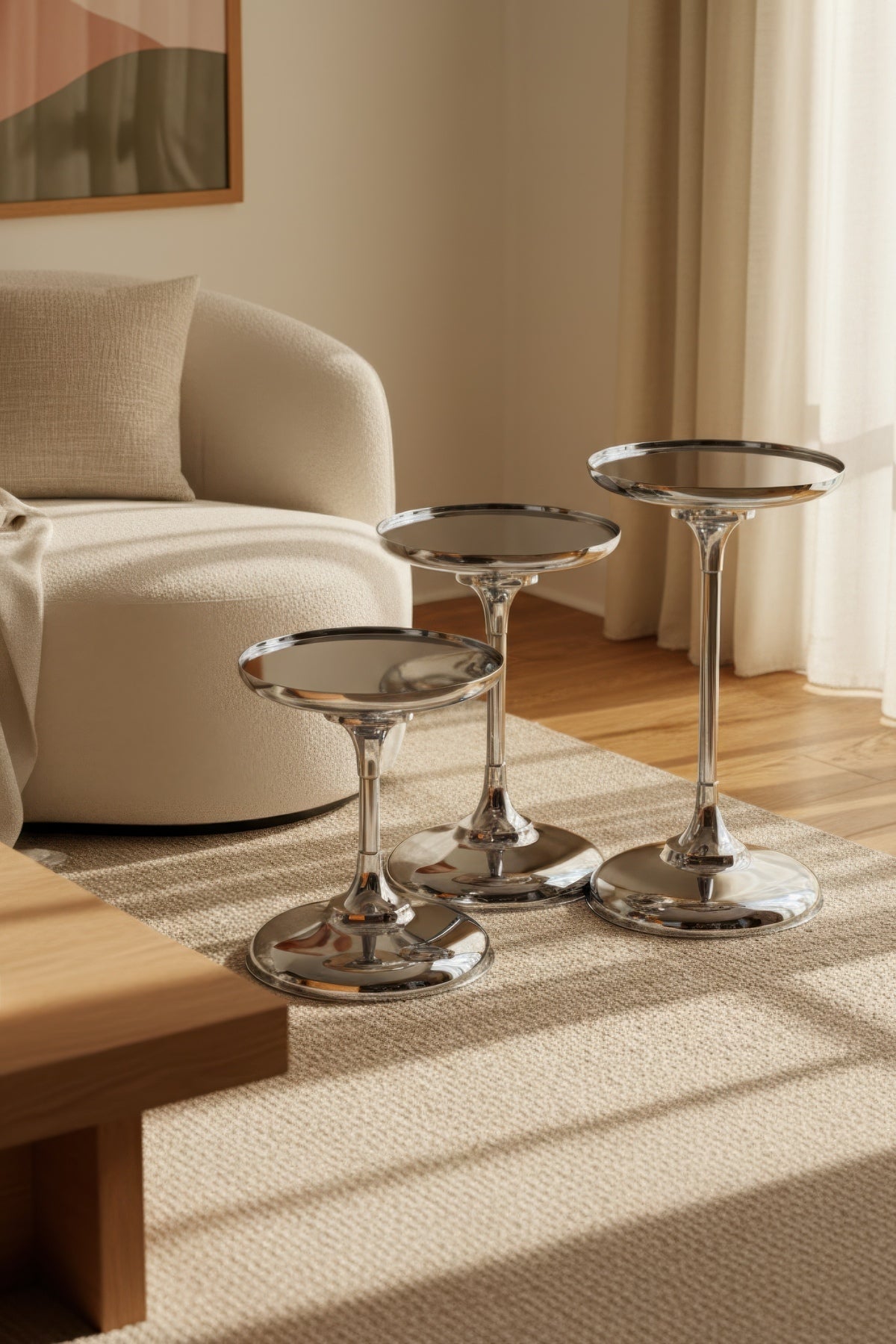 Luxury Krom Kaplama Metal Aynalı 3’lü Dekoratif Sehpa Seti Oturma Odası, Yatak Odası 43,48,54cm