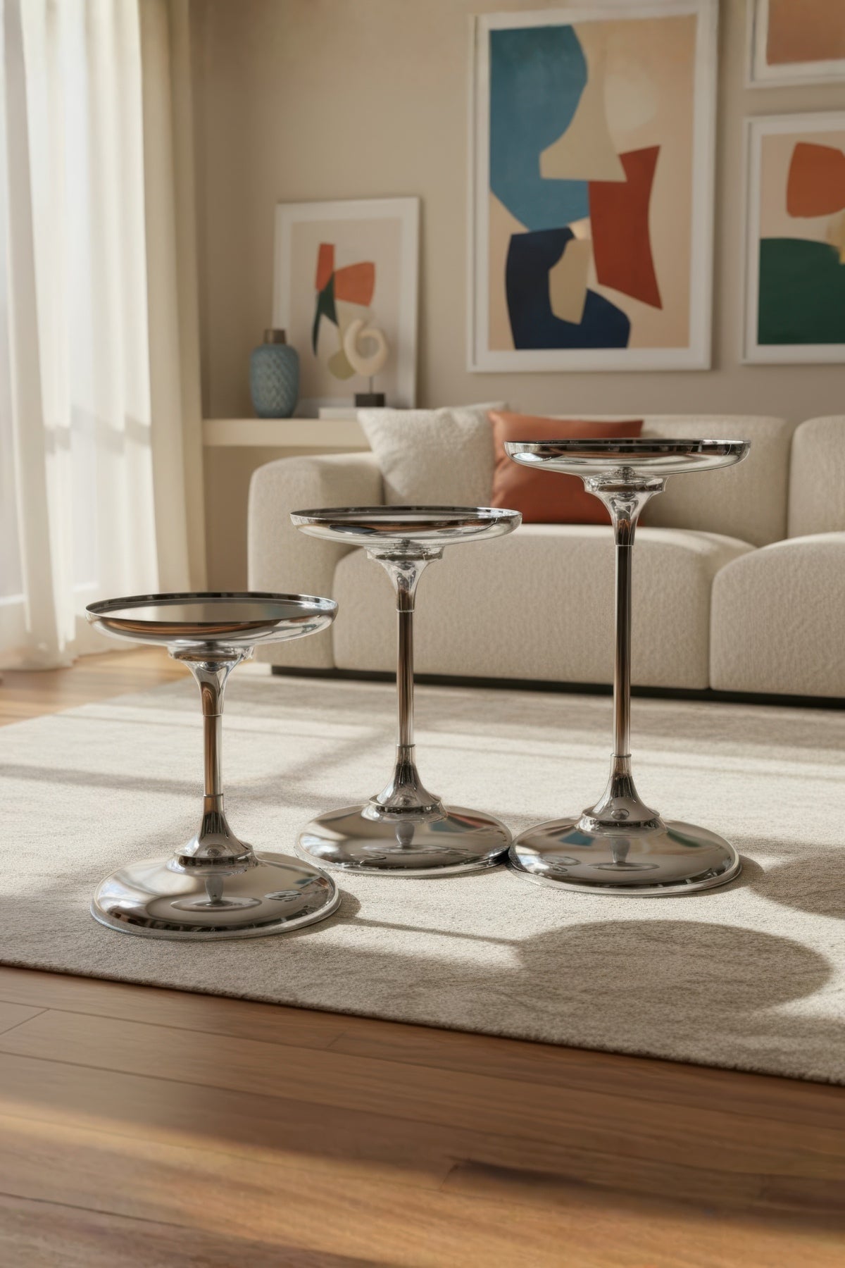 Luxury Krom Kaplama Metal Aynalı 3’lü Dekoratif Sehpa Seti Oturma Odası, Yatak Odası 43,48,54cm