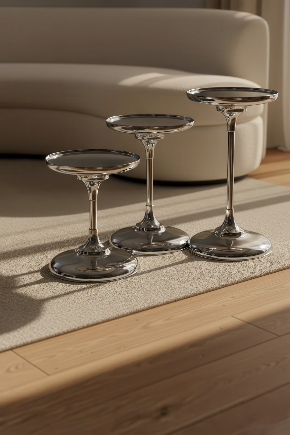 Luxury Krom Kaplama Metal Aynalı 3’lü Dekoratif Sehpa Seti Oturma Odası, Yatak Odası 43,48,54cm