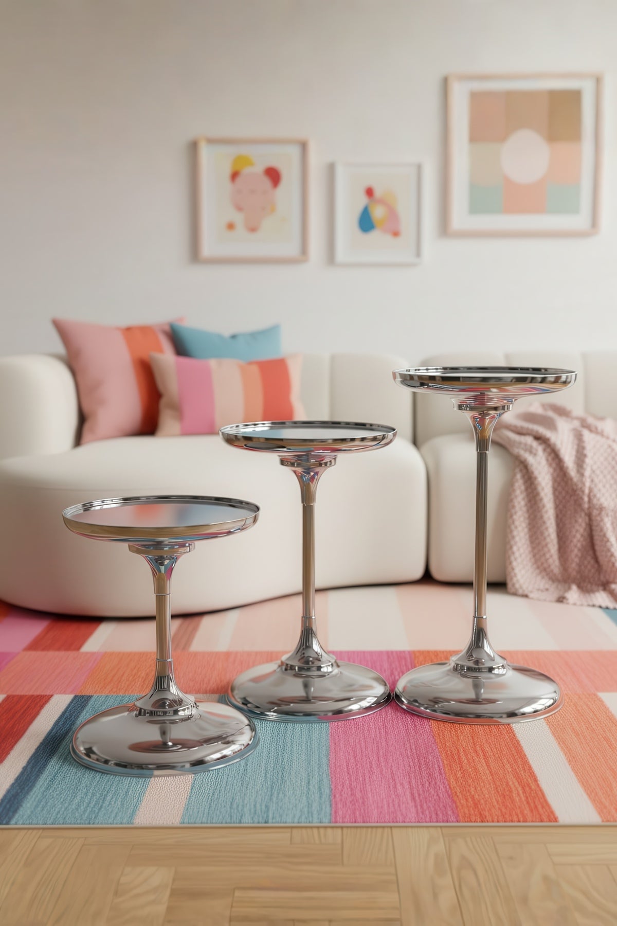 Luxury Krom Kaplama Metal Aynalı 3’lü Dekoratif Sehpa Seti Oturma Odası, Yatak Odası 43,48,54cm